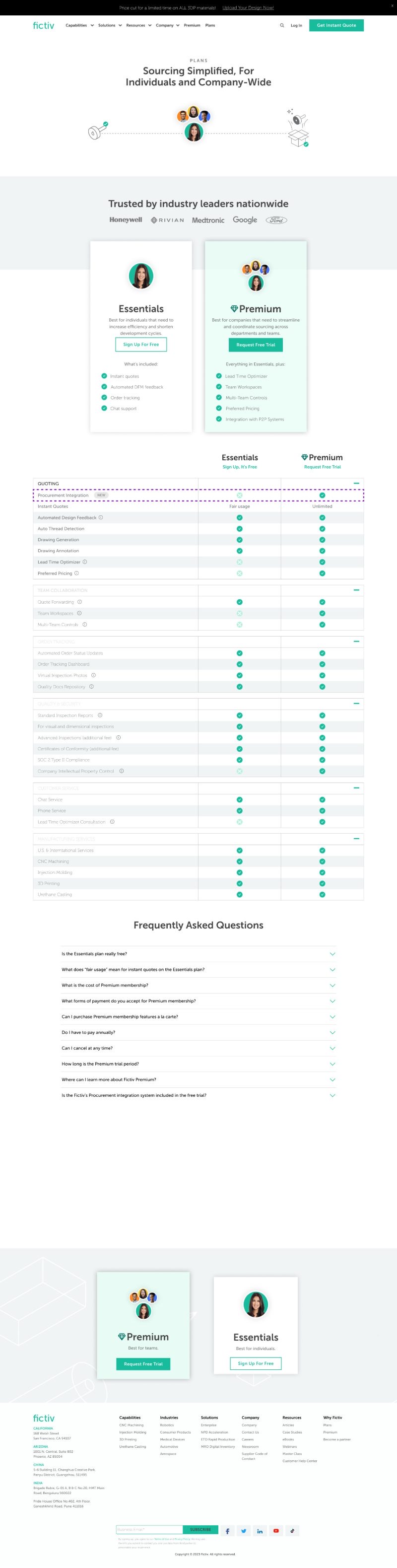 Fictiv plans page